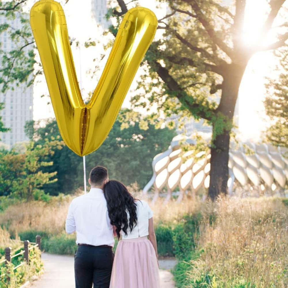 Balon Folie Metalizata Litera V, Balon Aniversar Litera V, Potrivit Pentru Heliu sau Aer, Include Pai de Umflare, Aluminiu, 80 cm, Auriu