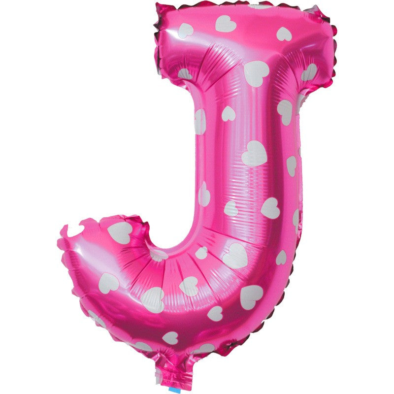 Balon Folie Metalizata Litera J, Imprimeu Inimioare, Umflare Aer sau Heliu, Material Aluminiu, Include Pai, 40 cm, Roz