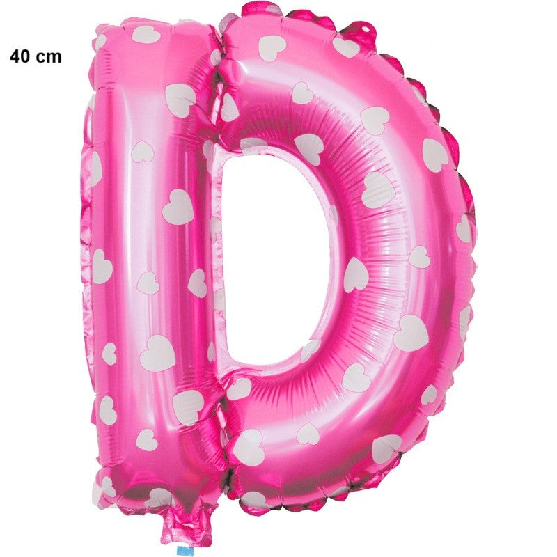 Balon Folie Metalizata Litera D, Imprimeu Inimioare, Umflare Heliu sau Aer, Aluminiu, cu Pai Inclus, 40 cm, Roz