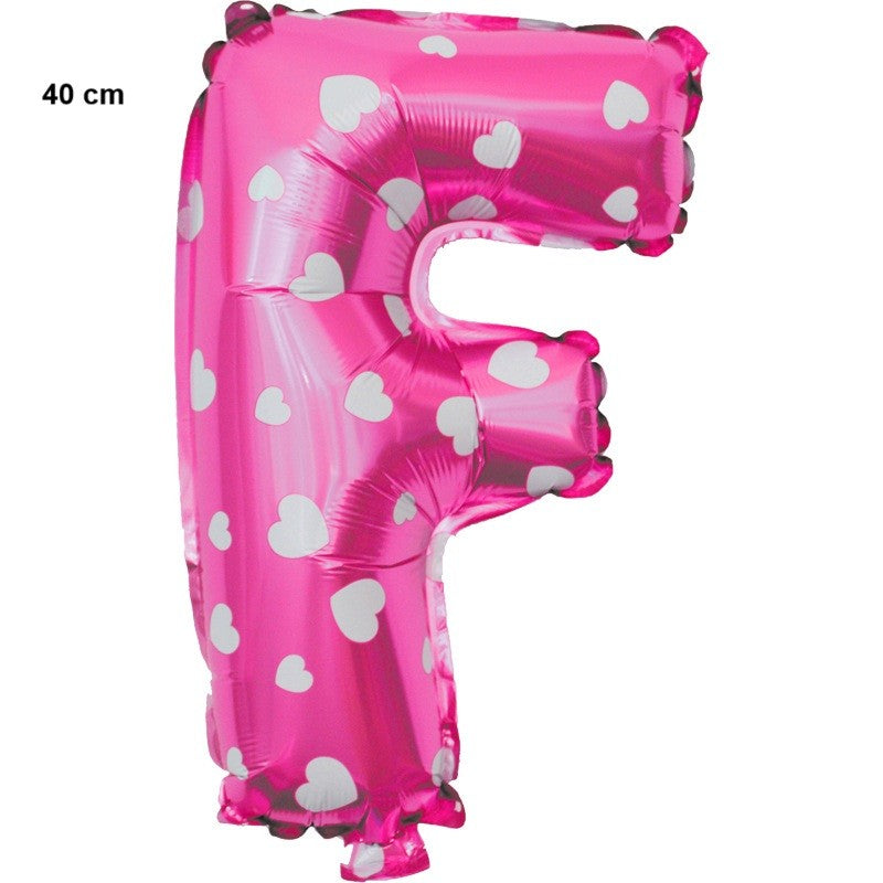 Balon Folie Metalizata Litera F, Design Imprimeu Inimioare, Umflare Aer sau Heliu, Ambalaj Individual cu Pai Inclus, Aluminiu, 40 cm, Roz