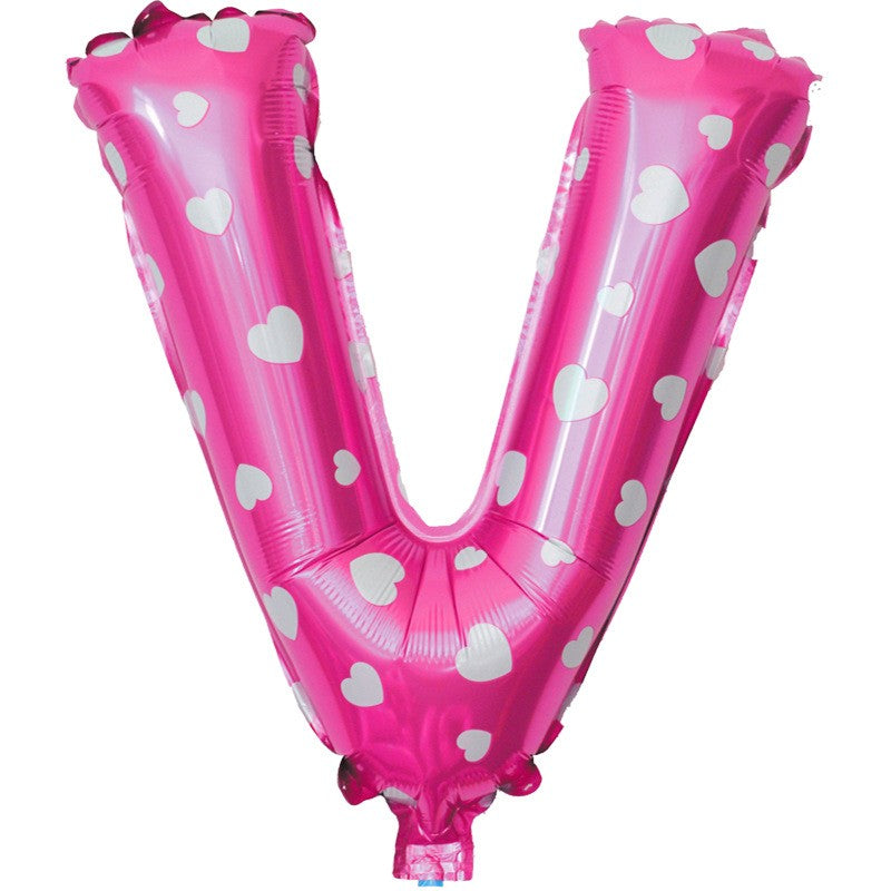 Balon Folie Metalizata Litera V, Model cu Inimioare, Umflare Aer sau Heliu, Include Pai, 40 cm, Roz