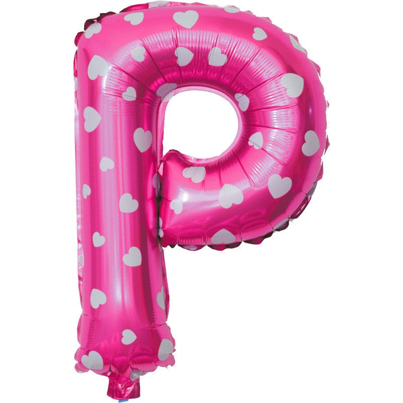 Balon Folie Metalizata Litera P, Model cu Imprimeu Inimioare, Umflare Aer sau Heliu, Aluminiu, Inaltime 40 cm, Pai Inclus, Roz