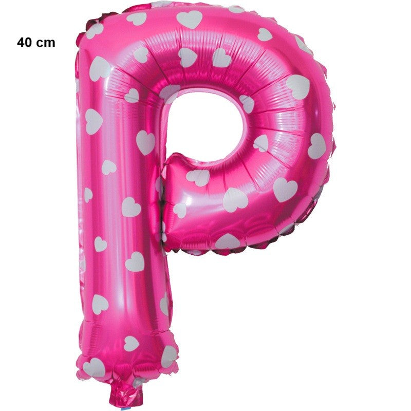 Balon Folie Metalizata Litera P, Model cu Imprimeu Inimioare, Umflare Aer sau Heliu, Aluminiu, Inaltime 40 cm, Pai Inclus, Roz