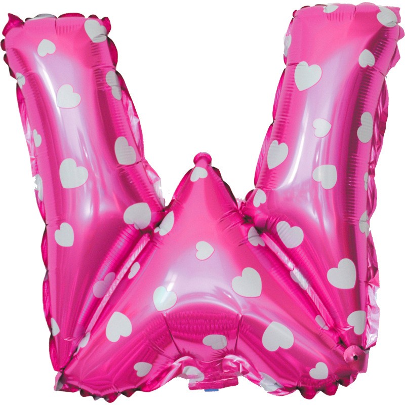 Balon Folie Metalizata Litera W, Model cu Inimioare, Umflare cu Aer sau Heliu, Folie de Aluminiu, 40 cm, Roz