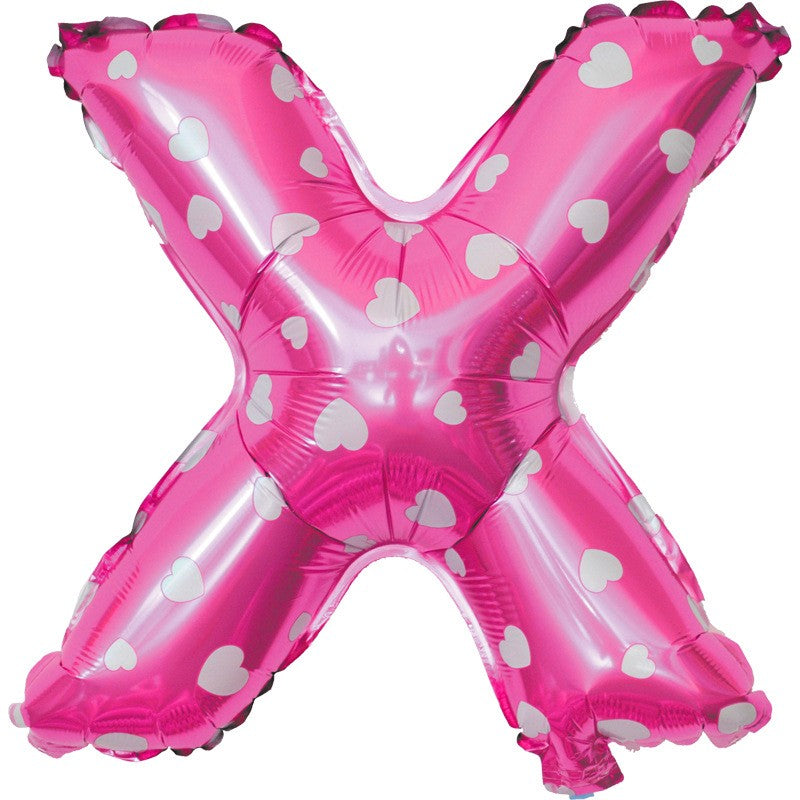 Balon Folie Metalizata Litera X, Imprimeu Inimioare, Aluminiu, Umflare Heliu sau Aer, Pai Inclus, 40 cm, Roz