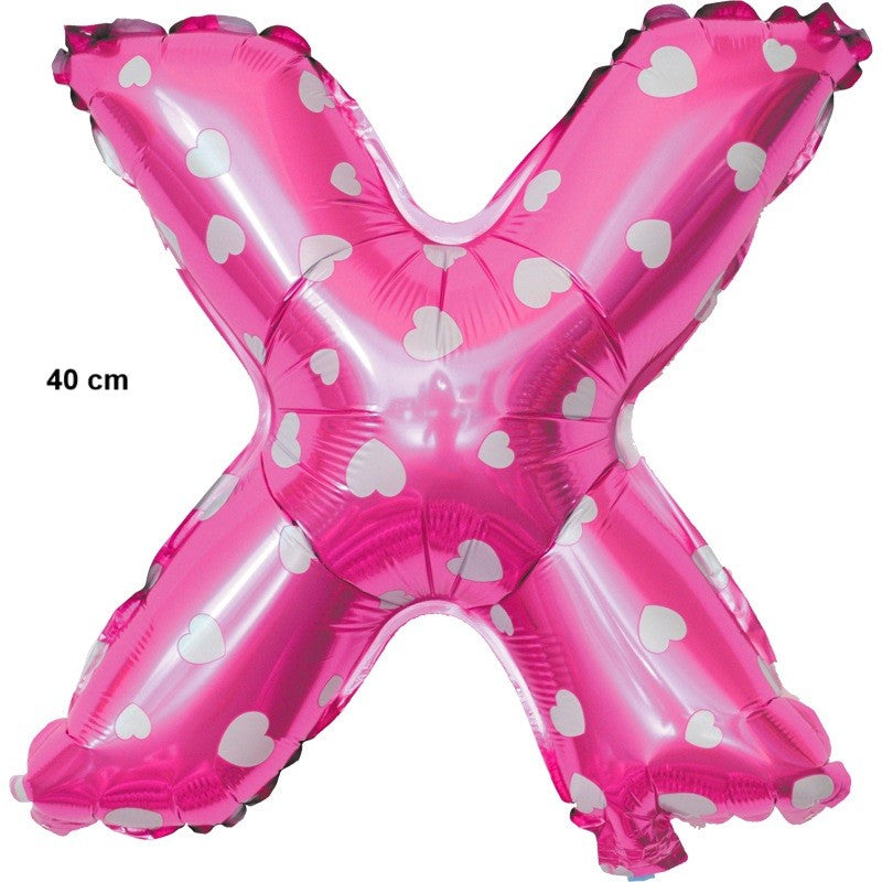 Balon Folie Metalizata Litera X, Imprimeu Inimioare, Aluminiu, Umflare Heliu sau Aer, Pai Inclus, 40 cm, Roz