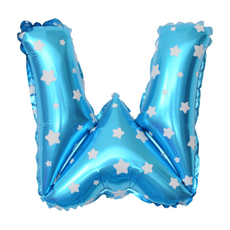 Balon Folie Metalizata Litera W, Design Imprimeu Stelute, Umflare Heliu sau Aer, Material Rezistent, Include Pai, Albastru, 40 cm