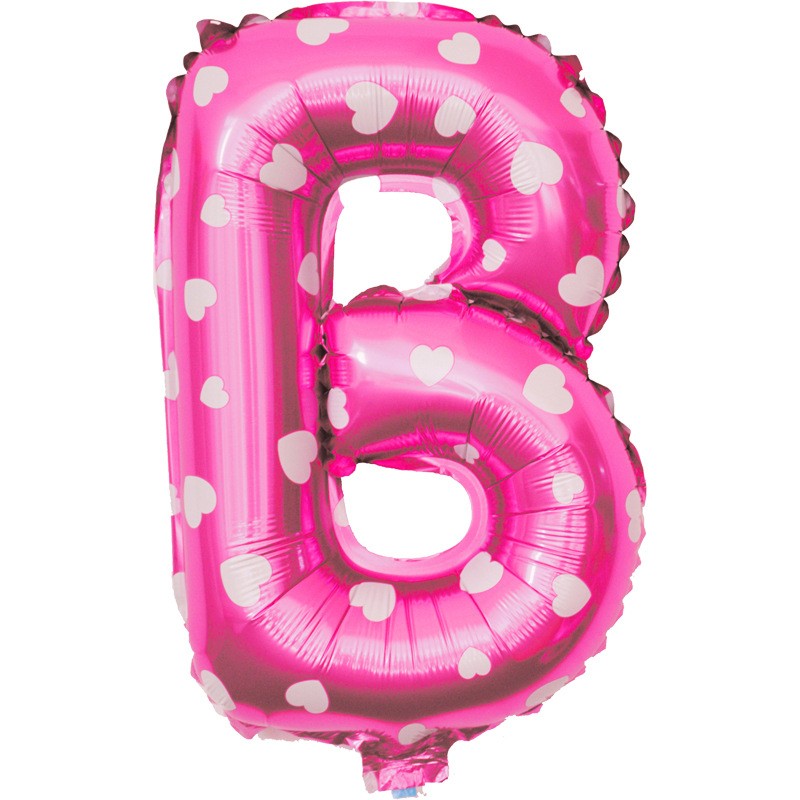 Balon Folie Metalizata Litera B, Imprimeu Inimioare, Umflare Heliu sau Aer, Aluminiu, Inclus Pai Umflare, 40 cm, Roz