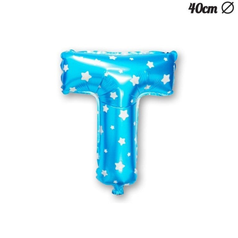 Balon Folie Metalizata Litera T, Design Imprimeu Stelute, Umflare Aer sau Heliu, Aluminiu, Include Pai, 40 cm, Albastru