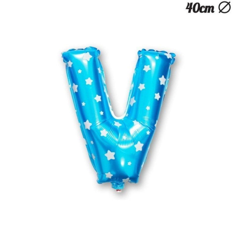 Balon Folie Metalizata Litera V, Imprimeu Stelute, Umflare Heliu sau Aer, Pai Inclus, Aluminiu, 40 cm, Albastru
