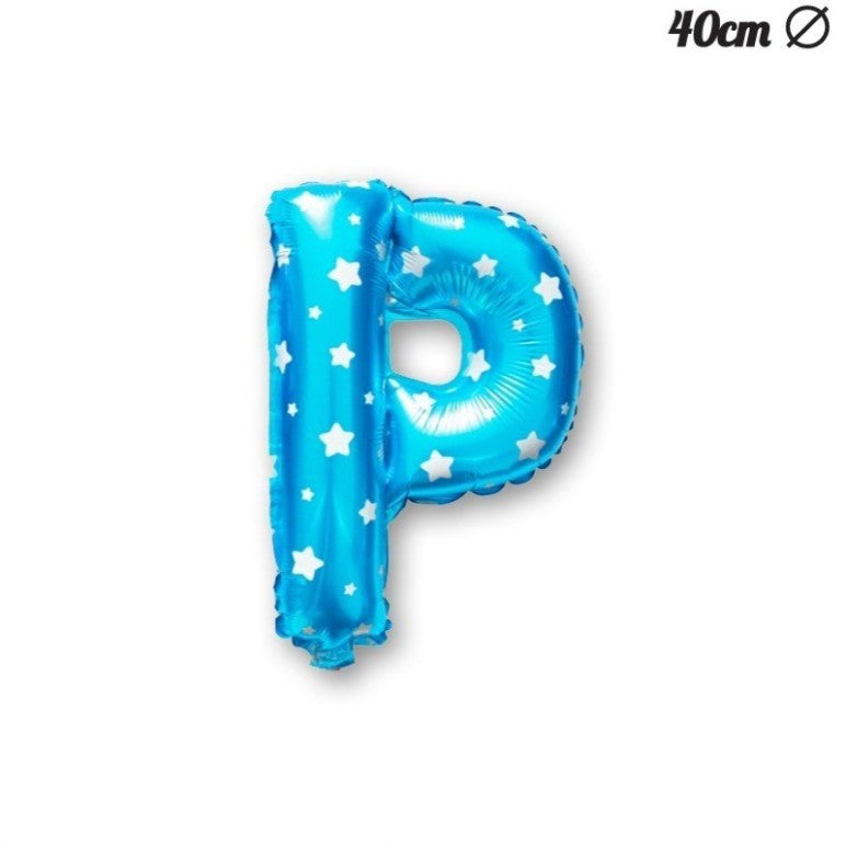 Balon Folie Metalizata Litera P, Imprimeu Stelute, Umflare Heliu sau Aer, Material Rezistent, Pai Inclus, Albastru, 40 cm