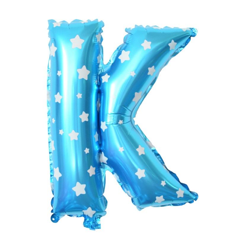 Balon Litera K din Folie Metalizata, Imprimeu Stelute, Umflare cu Heliu sau Aer, Pai Inclus, Albastru, 40 cm