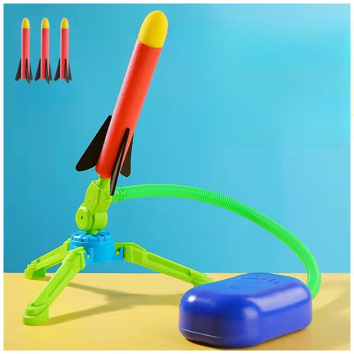 Lansator Rachete de Jucarie pentru Copii, Actiune Pneumatica cu Pedala, 3 Rachete din Spuma, Multicolor, Model 2