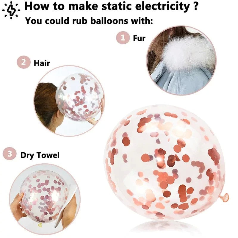 Set 15 Baloane Petrecere, Baloane Latex cu Confetti, Umflare Aer sau Heliu, Biodegradabile, Rose Gold și Alb, 30 cm