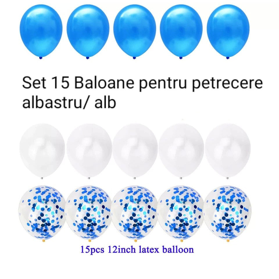 Set 15 Baloane Petrecere, Latex Biodegradabil, Efect Mat și Lucios, Albastru și Alb, 30 cm