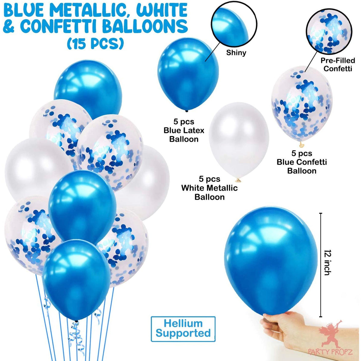 Set 15 Baloane Petrecere, Latex Biodegradabil, Efect Mat și Lucios, Albastru și Alb, 30 cm