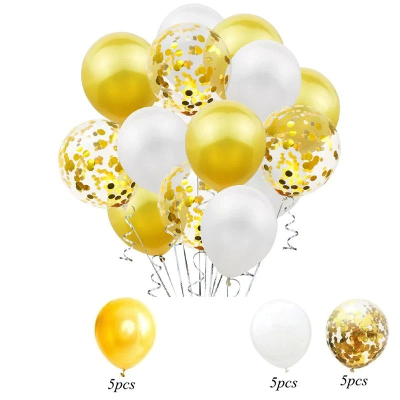 Set 15 Baloane Pentru Petrecere, Mix Alb si Auriu, Latex Biodegradabil, 30 cm