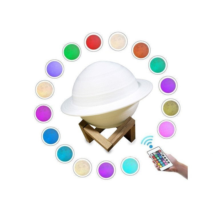 Lampa de Veghe Saturn 3D, Iluminare LED 16 Culori cu Telecomanda, Control Tactil, Suport din Lemn, Alimentare Baterii, 15 cm