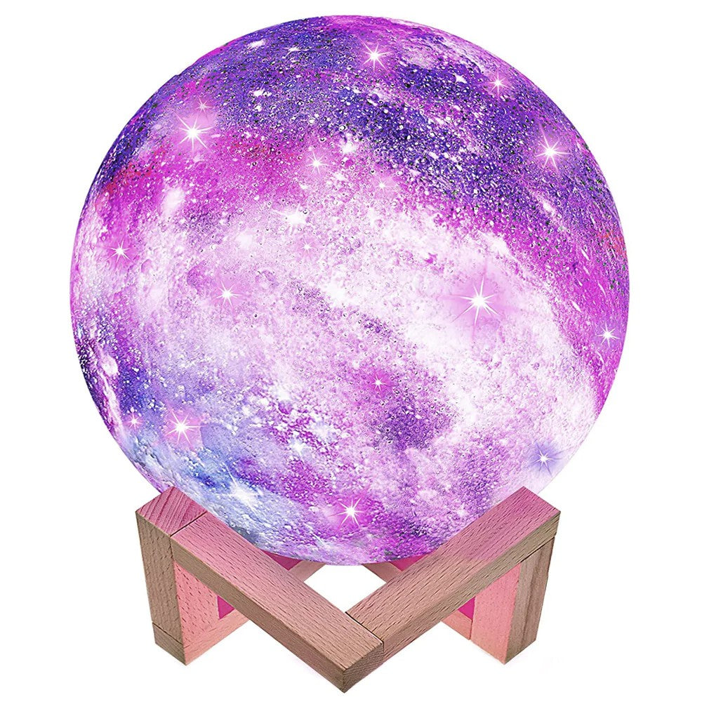 Lampa De Veghe Moon Light 3D In Forma De Luna Cu Stele, Iluminare 7 Culori, Stand Din Lemn, Alimentare Baterii, 15 cm