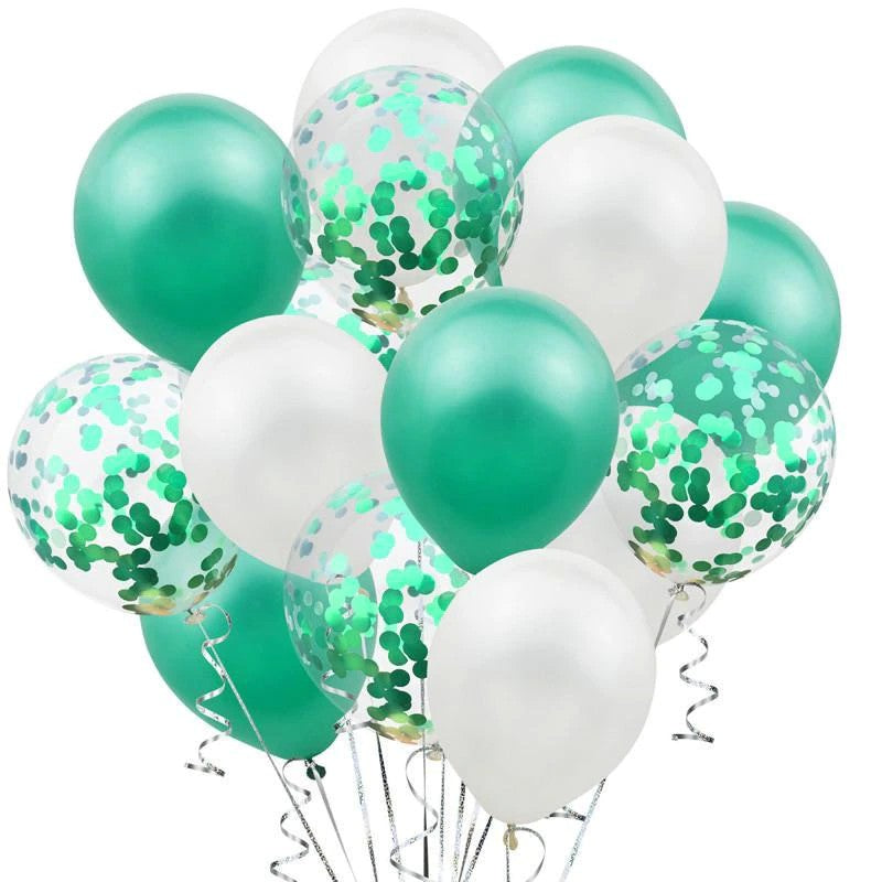 Set 15 Baloane Petrecere cu Confetti, Baloane Latex Biodegradabile pentru Aer sau Heliu, Alb și Verde, 30 cm, 15 Bucăți