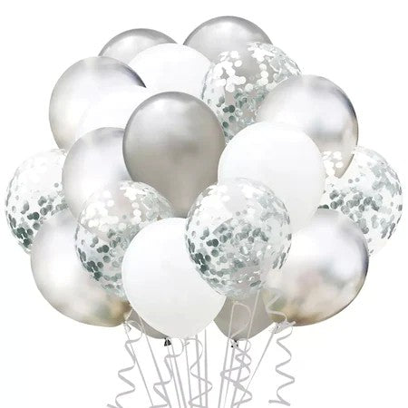 Set 15 Baloane Pentru Petrecere, Mix Latex și Confetti, Compatibile Aer sau Heliu, Alb și Argintiu, 30 cm