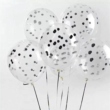 Set 15 Baloane Pentru Petrecere, Mix Latex și Confetti, Compatibile Aer sau Heliu, Alb și Argintiu, 30 cm