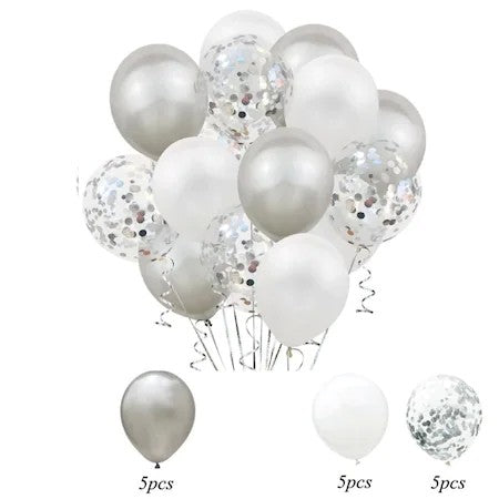 Set 15 Baloane Pentru Petrecere, Mix Latex și Confetti, Compatibile Aer sau Heliu, Alb și Argintiu, 30 cm