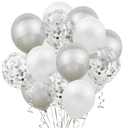 Set 15 Baloane Pentru Petrecere, Mix Latex și Confetti, Compatibile Aer sau Heliu, Alb și Argintiu, 30 cm
