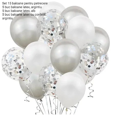 Set 15 Baloane Pentru Petrecere, Mix Latex și Confetti, Compatibile Aer sau Heliu, Alb și Argintiu, 30 cm
