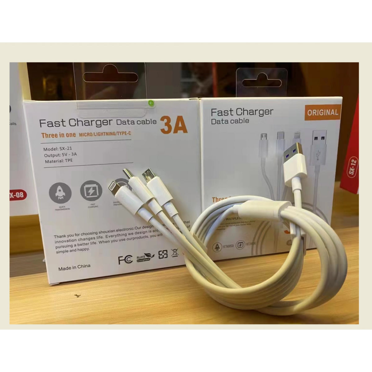 Cablu USB 3in1 SX-21, Incarcare Rapida 3A si Transfer Date, Conectori Micro USB, USB-C si Lightning, Material TPE, 1.2m, Alb