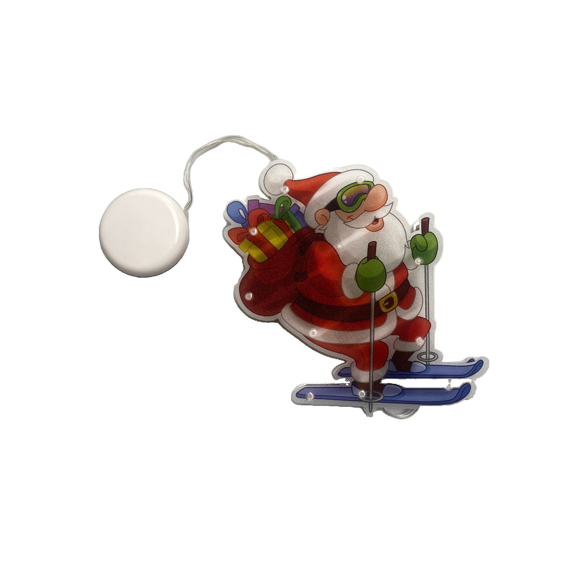 Decoratiune de Craciun pentru Fereastra, Mos Craciun pe Schiuri cu 20 LED-uri, Efect Flash, Prindere cu Ventuza, Functionare pe Baterii, Alb Cald, 15 cm