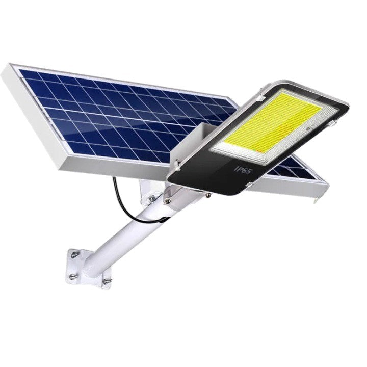 Proiector LED Solar cu Suport Metalic, Lampa Stradala 240 COB LED, 50W, Rezistent la Apa IP65, Senzor de Lumina, Telecomanda si Kit Montaj, Lumina Rece, 38.5 x 14.2 cm