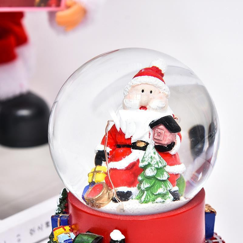 Glob Muzical Cu Zapada Si Lumini LED, Decoratiune Craciun Mos Craciun Pe Tren, Efect Ninsoare, Inaltime 16 cm, Multicolor