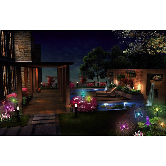 Set 3 Lampi Solare LED Decorative pentru Gradina, Modele Pasare, Fluture si Libelula, Plastic si Acril, Inaltime 43 cm, Lumina Multicolor RGB cu Senzor de Crepuscul, 3 Piese