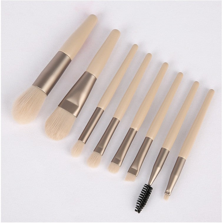 Set 8 Pensule Machiaj Mini Portabile, Pensule Profesionale pentru Pudra si Fond de Ten, Maner Plastic si Peri Moi, Bej