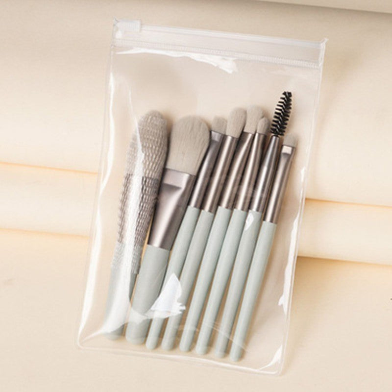 Set 8 Pensule Machiaj Mini Portabile, Kit Profesional pentru Pudra, Fard de Obraz si Pleoape, Maner Plastic si Peri Moi, Verde Menta, 8 Piese