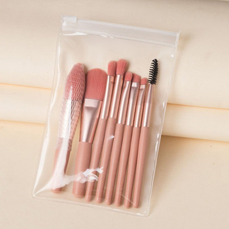 Set 8 Pensule Machiaj Mini Portabile, Kit Profesional pentru Ochi si Fata, Peri Moi din Silicon si Maner Plastic, Roz
