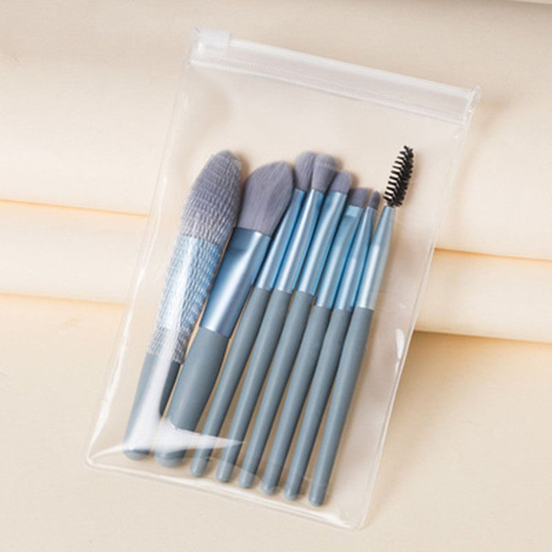 Set 8 Pensule Machiaj Mini, Kit Cosmetic Portabil pentru Pudră, Fond de Ten și Fard de Pleoape, Peri din Silicon Moale și Mâner Plastic, Albastru, 8 Bucăți