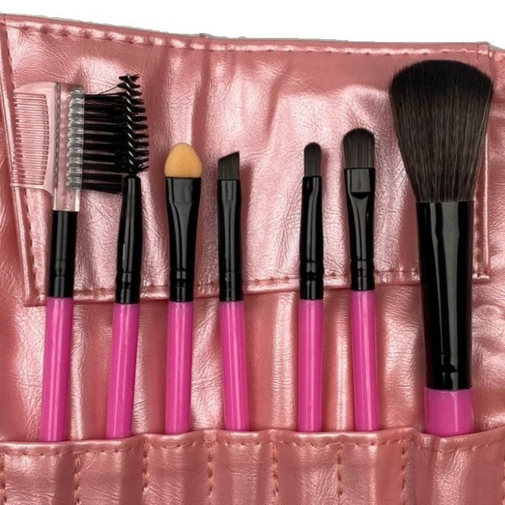 Set Portabil 7 Pensule de Machiaj, Kit Complet pentru Ochi si Fata, Peri Moi din Silicon, Maner Plastic, Husa de Depozitare Inclusa, Crem Roz