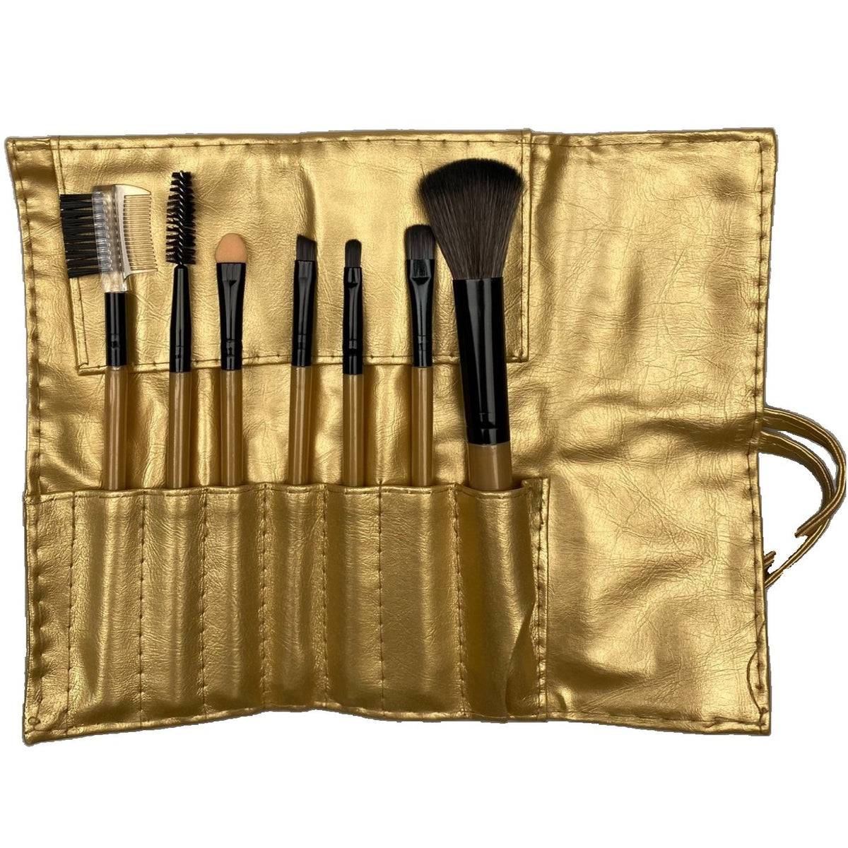 Set Portabil 7 Pensule de Machiaj, Fibre Sintetice si Silicon Moale, Maner Plastic, Include Husa de Depozitare, Auriu