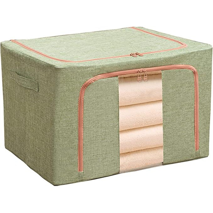 Cutie de Depozitare Pliabila pentru Haine si Organizare, Fereastra Frontala si 2 Usi cu Fermoar, Cadru Metalic si Material Impermeabil, Bumbac si In, 24 L, 40x30x20 cm, Verde