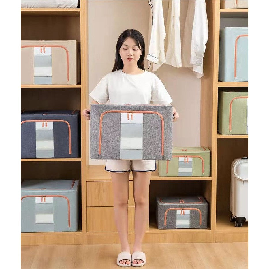 Cutie de Depozitare Pliabila pentru Haine si Organizare, Fereastra Frontala si 2 Usi cu Fermoar, Cadru Metalic si Material Impermeabil, Bumbac si In, 24 L, 40x30x20 cm, Verde