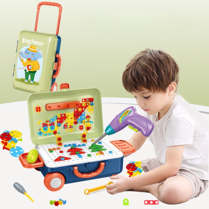 Set Jucarie Educativa si Banc de Lucru 6 in 1, Trusa Scule cu Bormasina si Troller, Plastic, 207 Piese, Verde/Multicolor