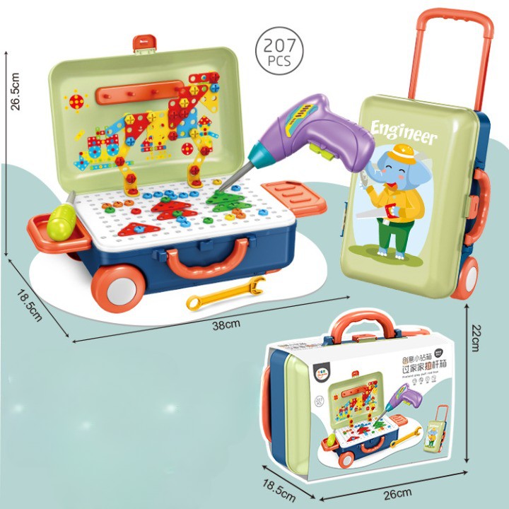 Set Jucarie Educativa si Banc de Lucru 6 in 1, Trusa Scule cu Bormasina si Troller, Plastic, 207 Piese, Verde/Multicolor