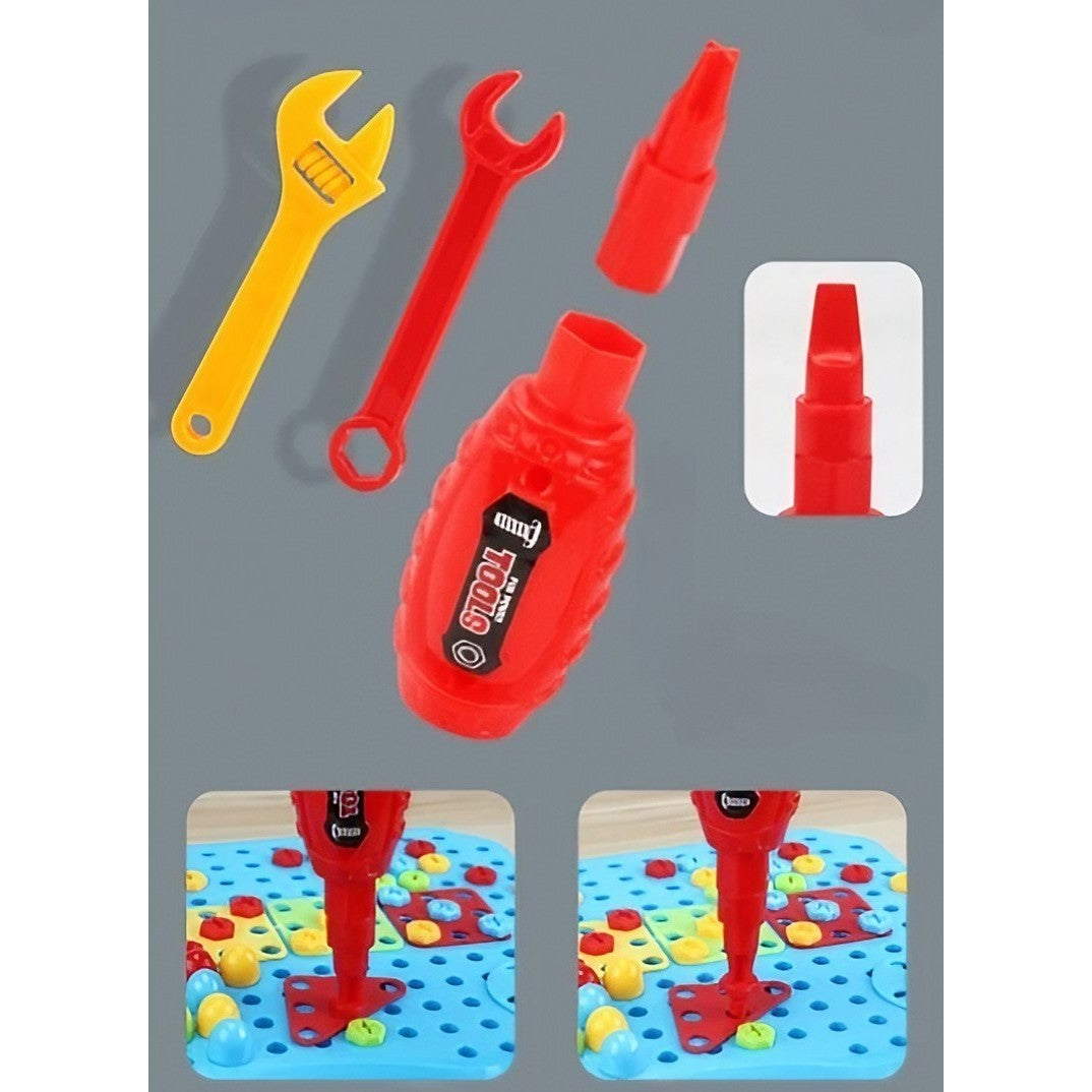 Set Constructie Bormasina Magica, Joc Educativ cu Mozaic si Surubelnita Electrica, Servieta Transport, Plastic, 310 Piese, 31x46 cm, Albastru/Multicolor