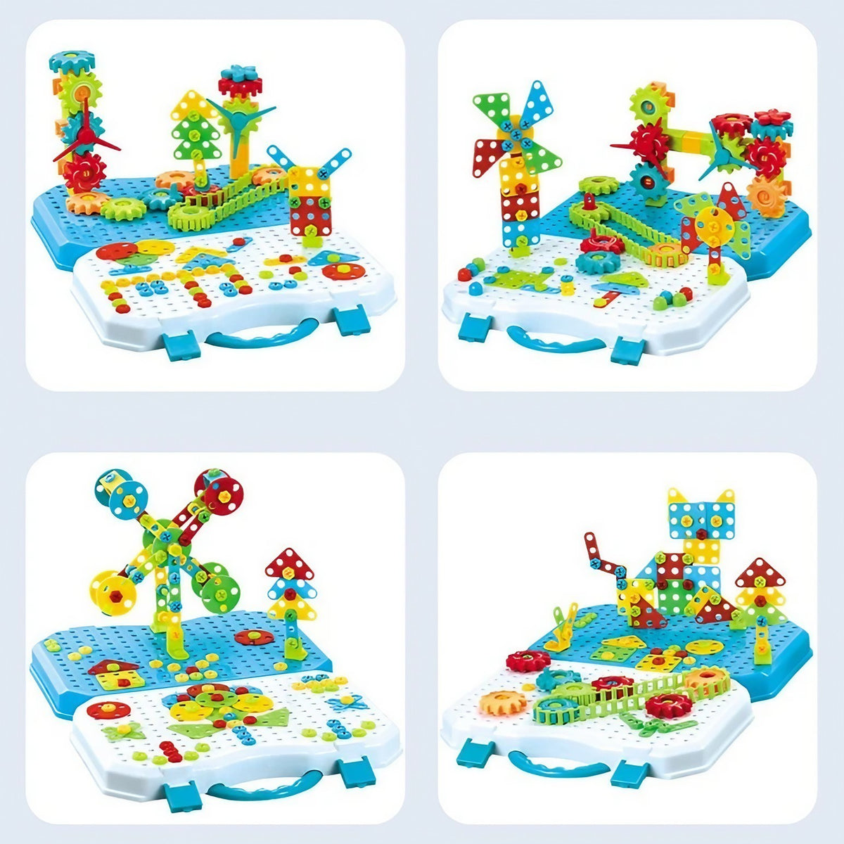 Set Constructie Bormasina Magica, Joc Educativ cu Mozaic si Surubelnita Electrica, Servieta Transport, Plastic, 310 Piese, 31x46 cm, Albastru/Multicolor