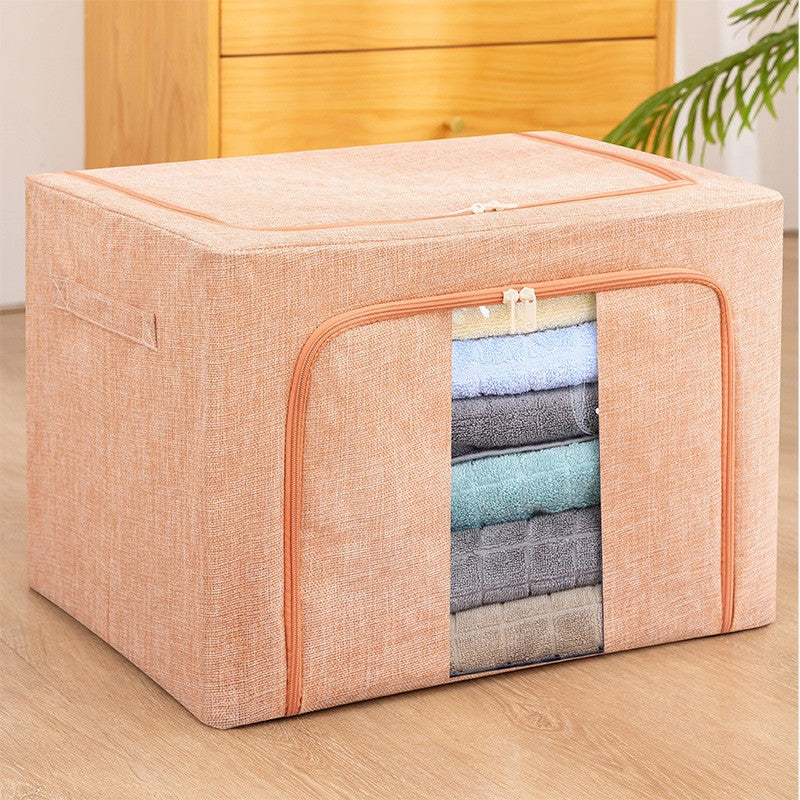 Cutie Depozitare Pliabila cu Cadru Metalic, Organizator Haine si Jucarii, Fermoar Bidirectional si Fereastra, Bumbac si In Impermeabil, 66 L, 50x40x33 cm, Roz Pudrat