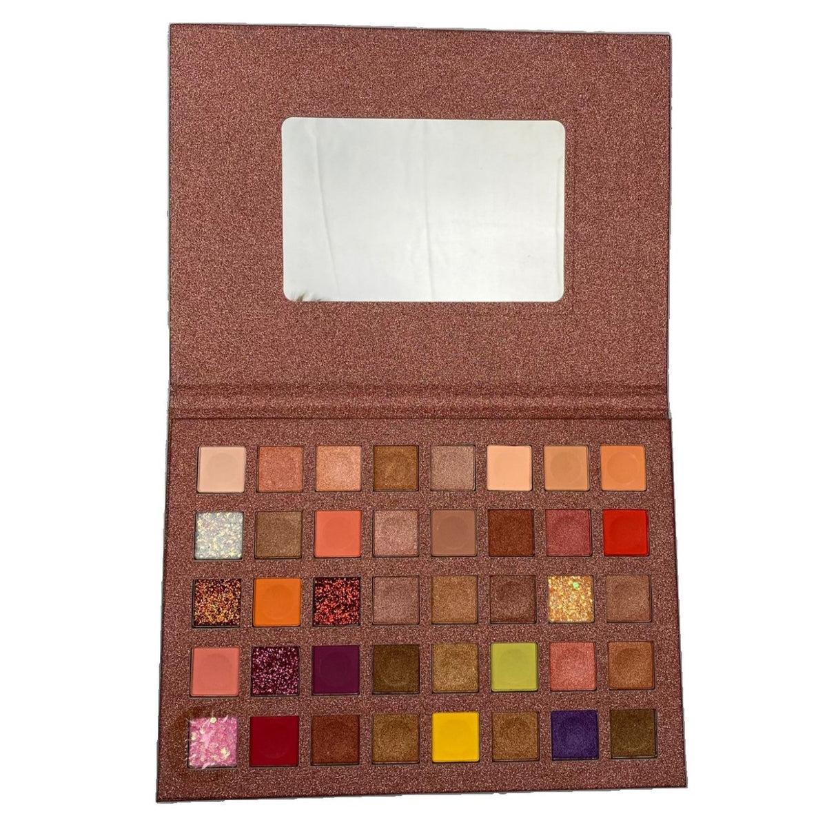 Paleta Farduri Ochi cu 40 Culori Pigmentate, Trusa Machiaj Profesionala, Textura Fina cu Finish Mat, Metalic, Sidefat si Sclipici, Nuante Nude si Maro, 40 Grains