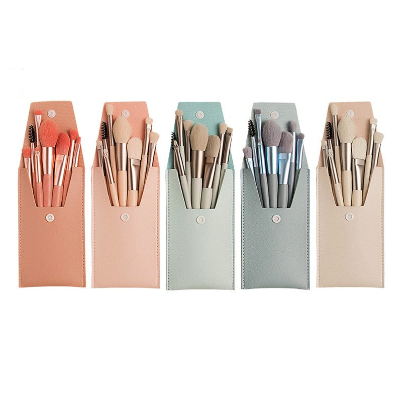 Set 8 Pensule Machiaj Mini Portabile, Kit Profesional pentru Ochi si Fata, Maner Plastic si Peri Moi, cu Husa de Depozitare, Albastru