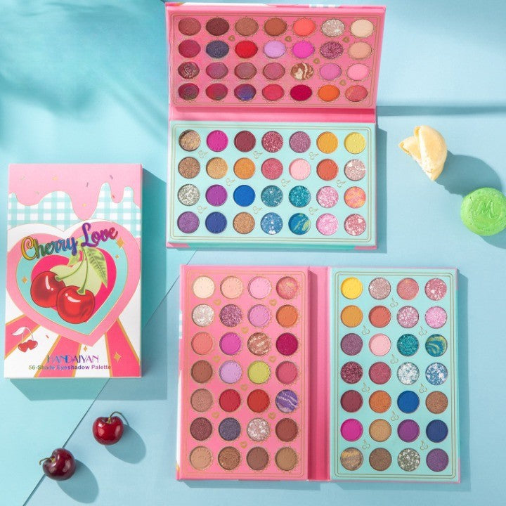 Handaiyan Paleta Farduri Ochi Cherry Love, Trusa Machiaj Profesionala cu 56 Culori Pigmentate, Textura Mata Metalica Sidefata si Glitter, 56 Nuante Multi-Color